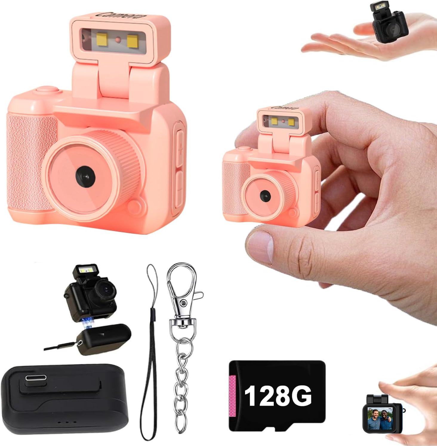 Retro Snap Camera, Mini Nostalgic Vintage View Camera, 1080p HD with LED Flash Light(Pink 128G)
