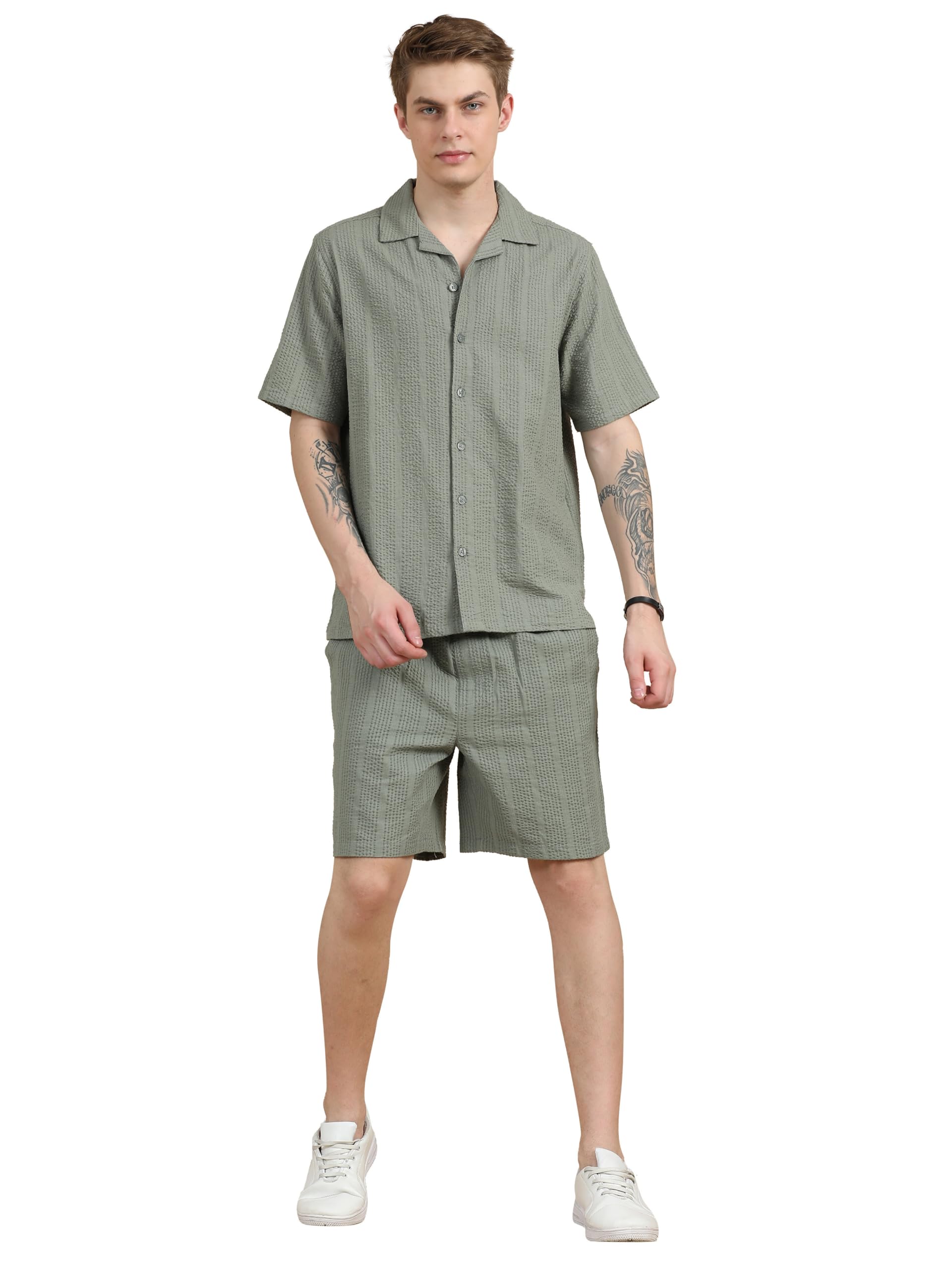 stitchx Men's Textured Seersucker Resort Cotton Shirt & Short Co-Ord Set S-2XL-picture-31