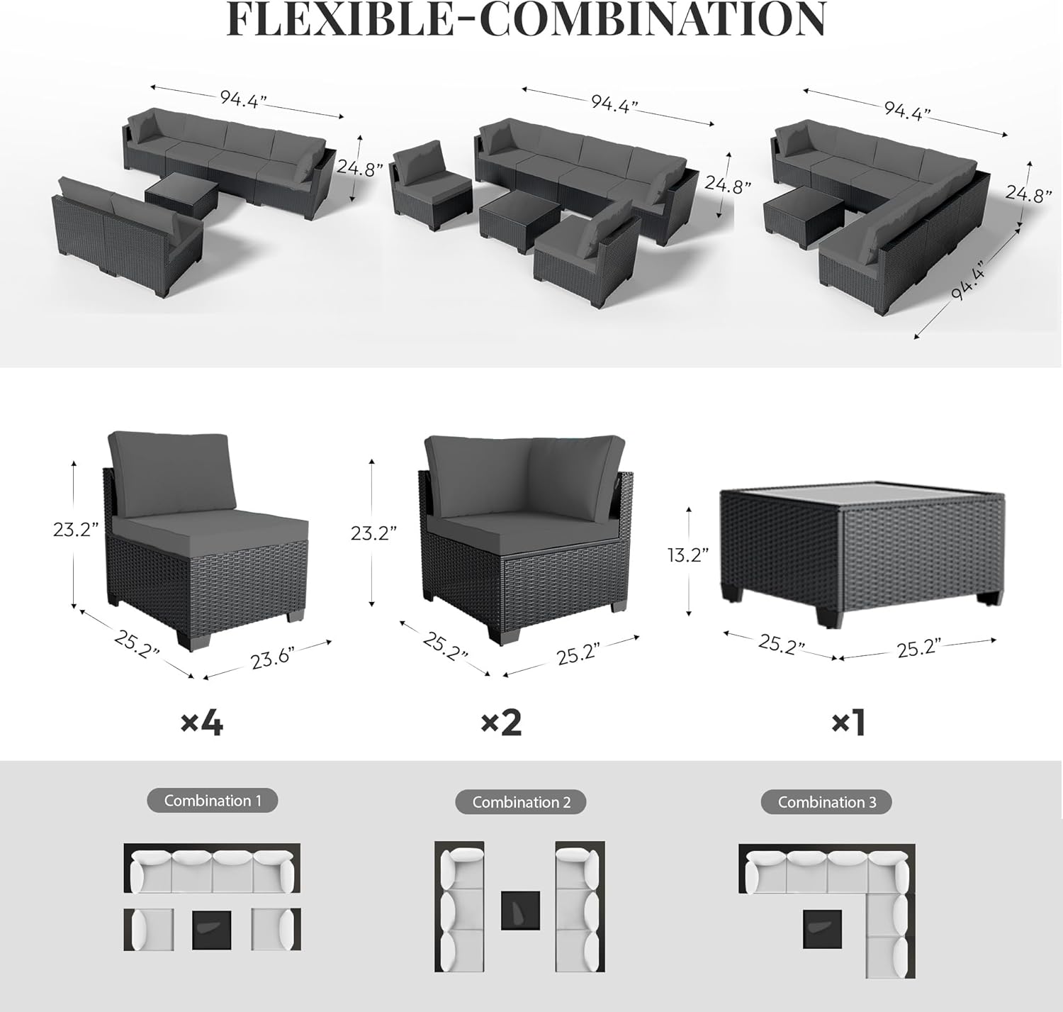 WWR Patio Furniture Set 7 Piece - All-Weather - Wicker Rattan Patio Outdoor Conversation Set, Modular Sectional Sofa for Backyard, Garden, Poolside, Balcony, Porch, Patio,Black/Dark Gray