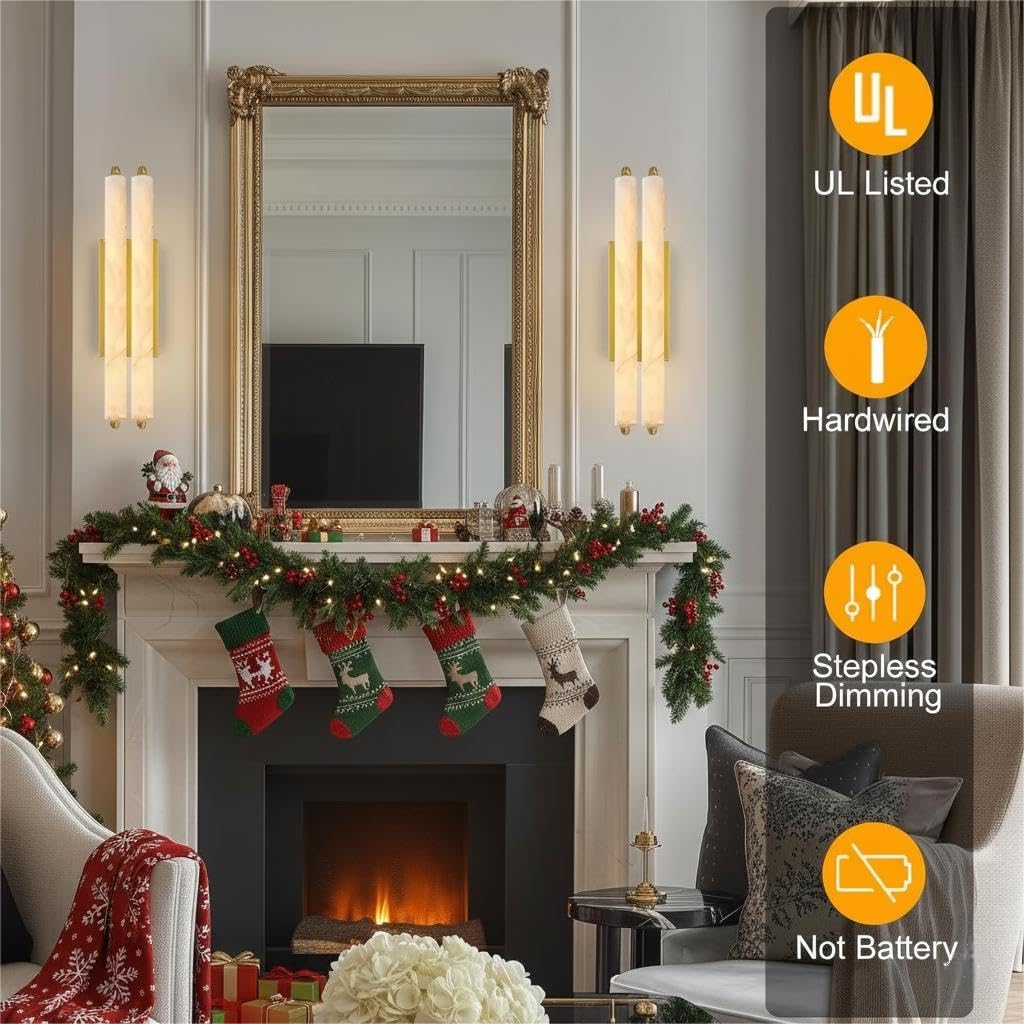 Alabaster Wall Sconce, 19" Natural Marble Wall Sconce, Brass Alabaster Double Sconces, Gold Modern Bathroom Sconces, Indoor Wall Lighting for Living Room, Bedroom, Hallway, Staircase