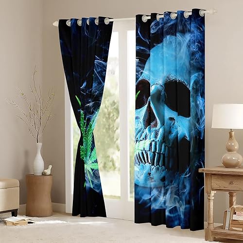 Miniatura 4 de Cortinas de hojas de marihuana, decoración de huesos de calavera de cannabis, cortinas de ventana para dormitorio, sala de estar, niños, funda de