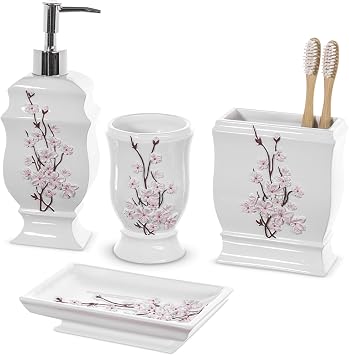 Creative Scents Vanda Bathroom Set - Cherry Blossom White Bathroom Accessories Set - 4 Piece Floral Bathroom Soap Dispenser S