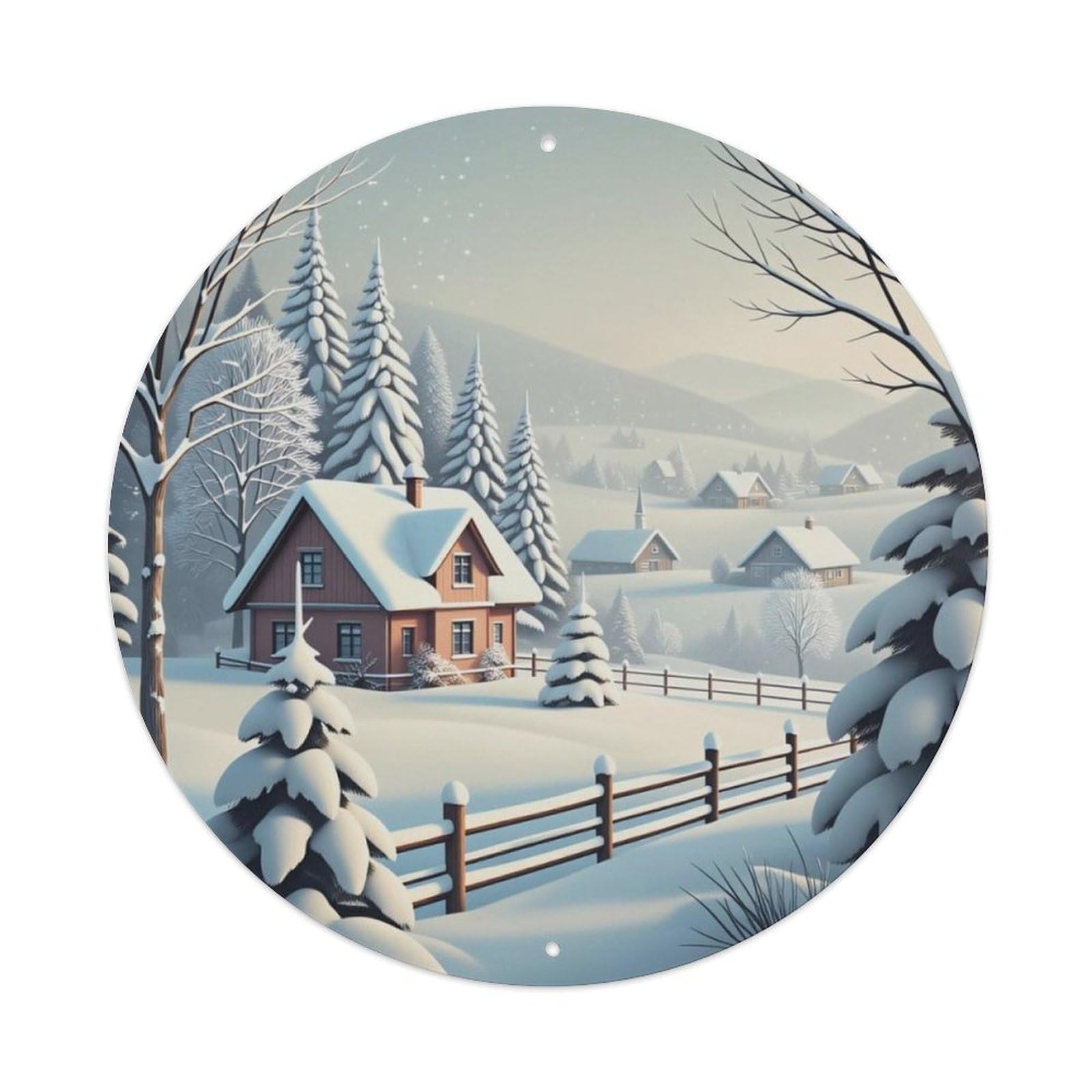 Winter Snowy Cabin Country Landscape Round Decor Sign Vintage Aluminium Metal Sign, Retro Wall Decor for Home, Bar, Garage & Farmhouse 20x20cm