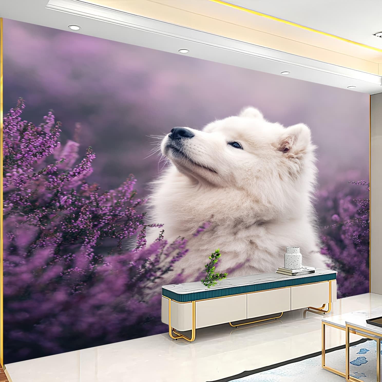Naklejka ścienna dla dzieci tapeta do pokoju dziecięcego 350 x 256 cm pies Samoyedo 3D dekoracja ścienna naklejka na ścianę fototapeta fioletowa tapeta domowa naklejki dla dzieci dziewczynki