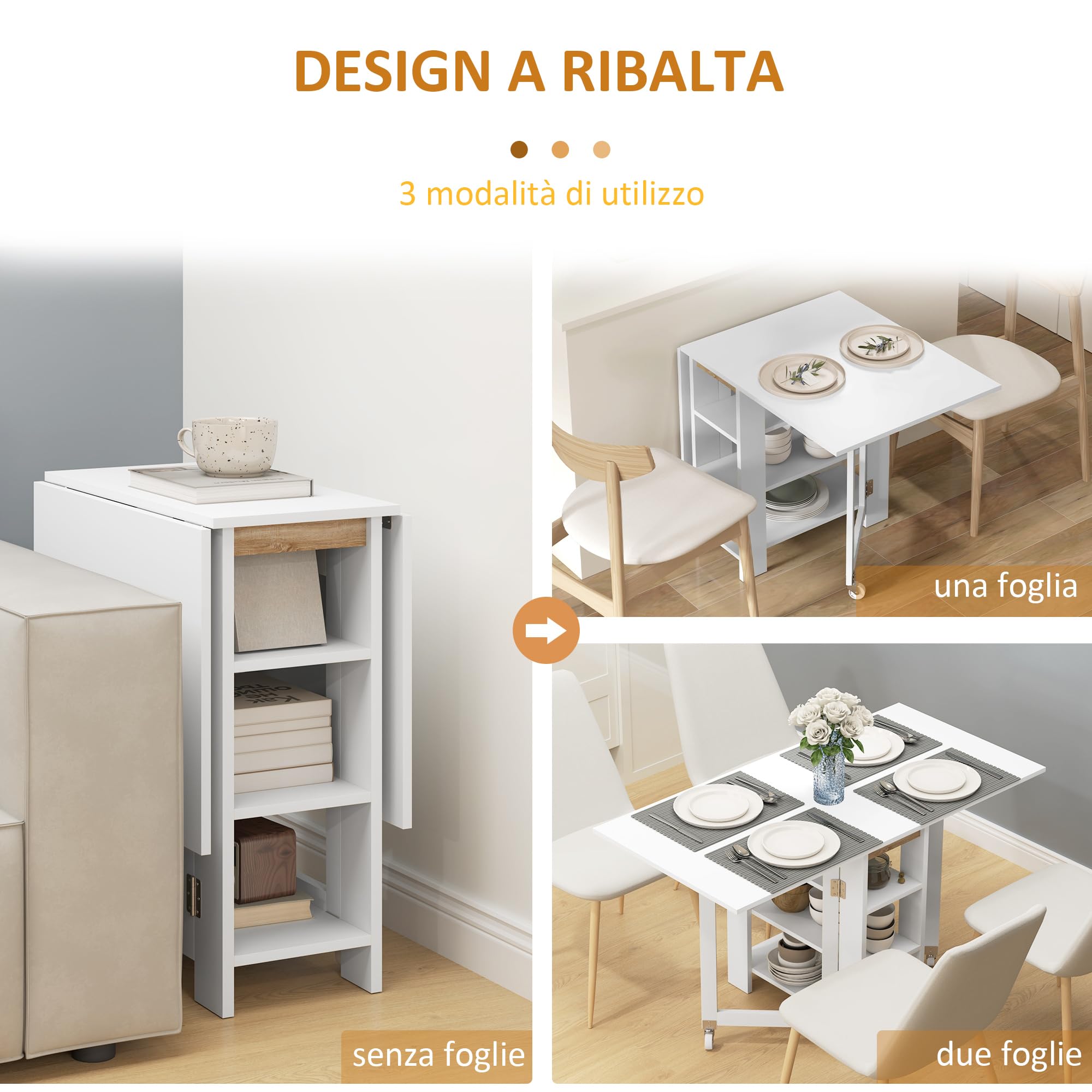 HOMCOM Tavolo da Pranzo Pieghevole Tavolo a Ribalta 120x60x75 cm Bianco | Con Ruote per 4 Persone, Scrivania Richiudibile Salvaspazio, Con 2 Ribalte e Ripiani, Soggiorno, Casa, Ufficio