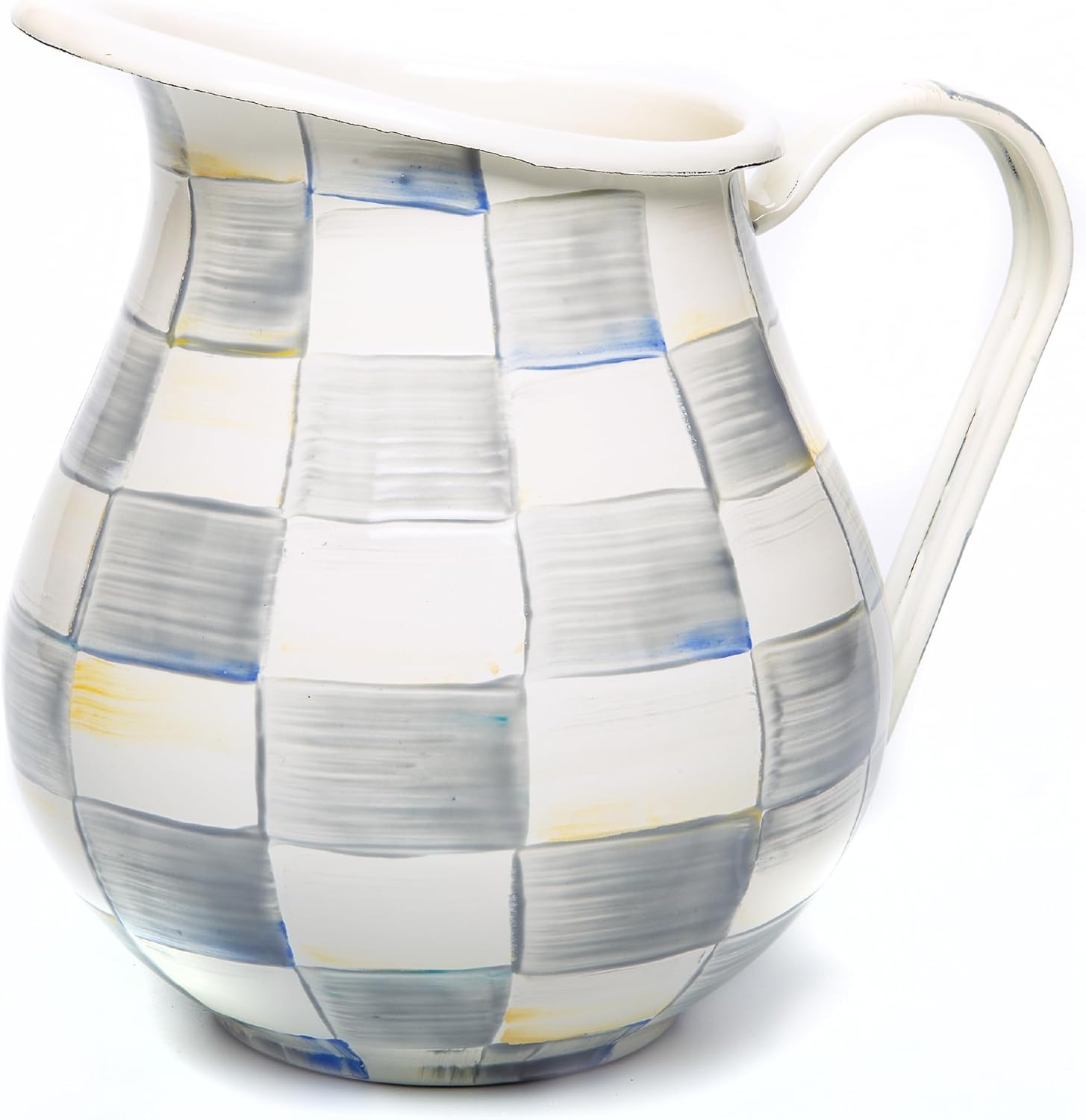 MACKENZIE-CHILDS Enamel Pitcher with Spout for Water, Cut Flowers, and Home Decor, 3 Quarts, Gray-and-White Sterling Check