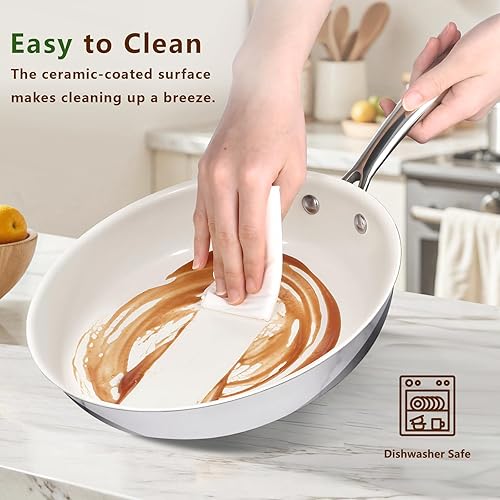 Miniatura 6 de Sartén de cerámica antiadherente de 8 pulgadas, sartén de acero inoxidable de tres capas con mango que se mantiene fresco, libre de PFASPFOAPTFE, no