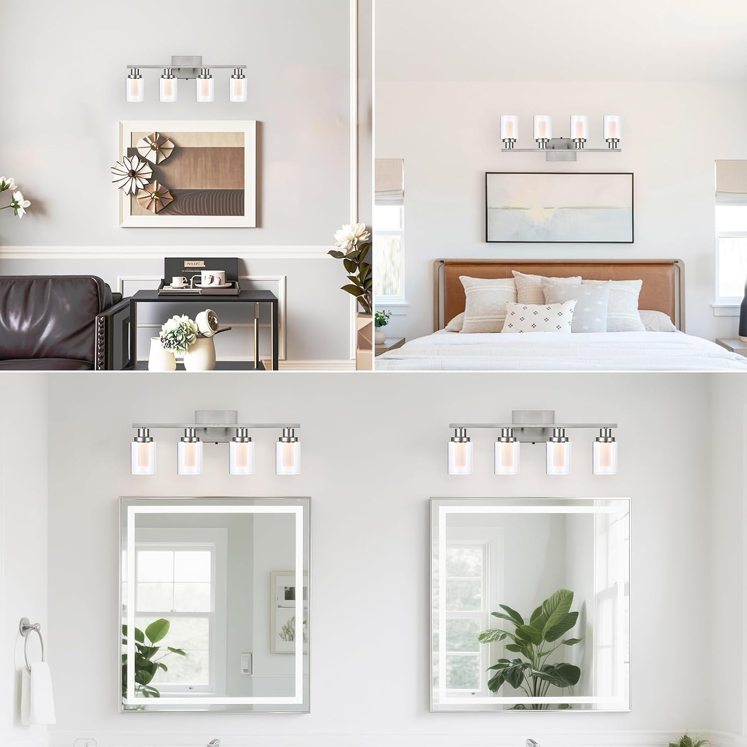 4-Light 5CCT LED Bathroom Light Fixture in Brushed Nickel Finish, Modern Vanity Lighting Over Mirror with Clear Glass & Frosted Colunm