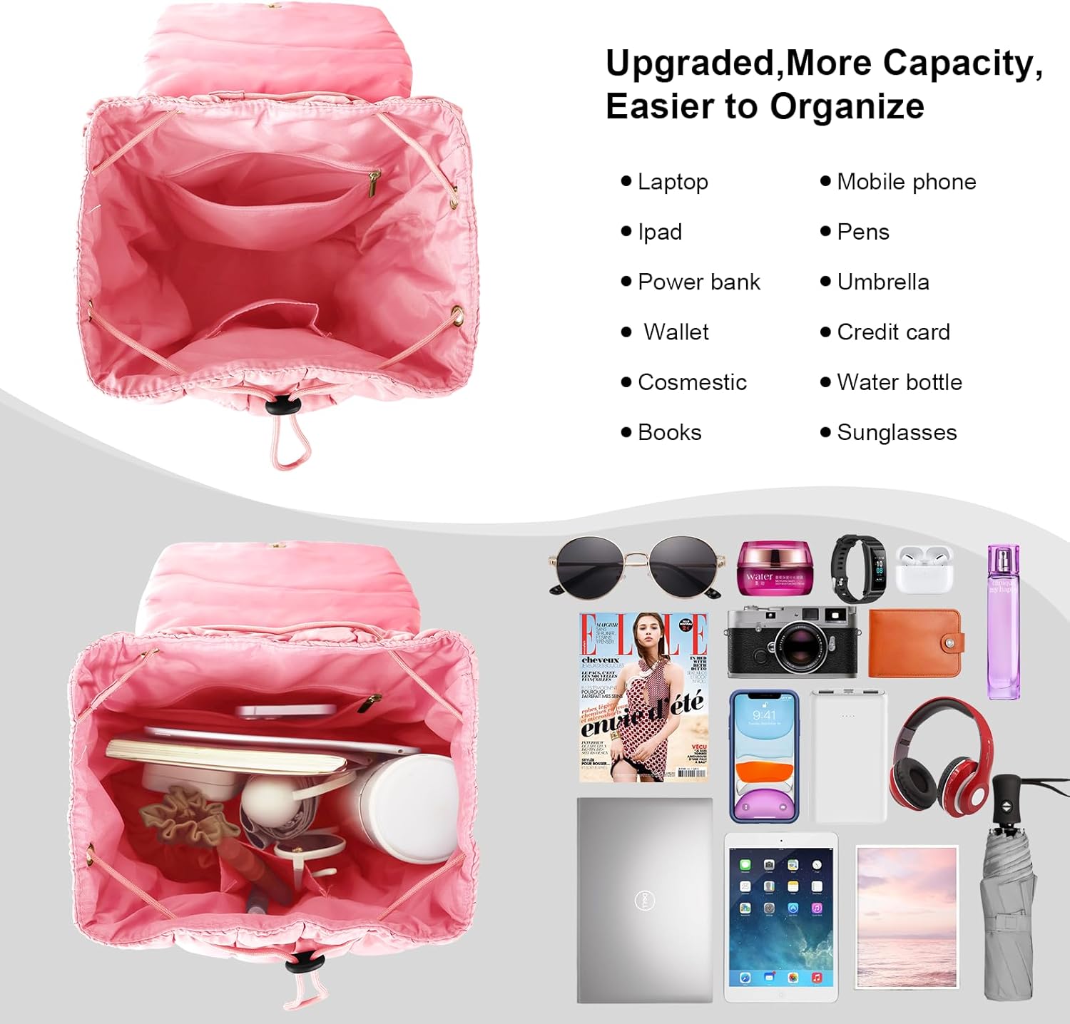 XSUIOY Quilted Backpack Purse for Women Small Lightweight Puffer Puffy College Laptop Backpack Nylon Casual Bookbag Daypack Top Flap Drawstring Padding Hiker Travel Gym Backpack(Pink) - Image 7