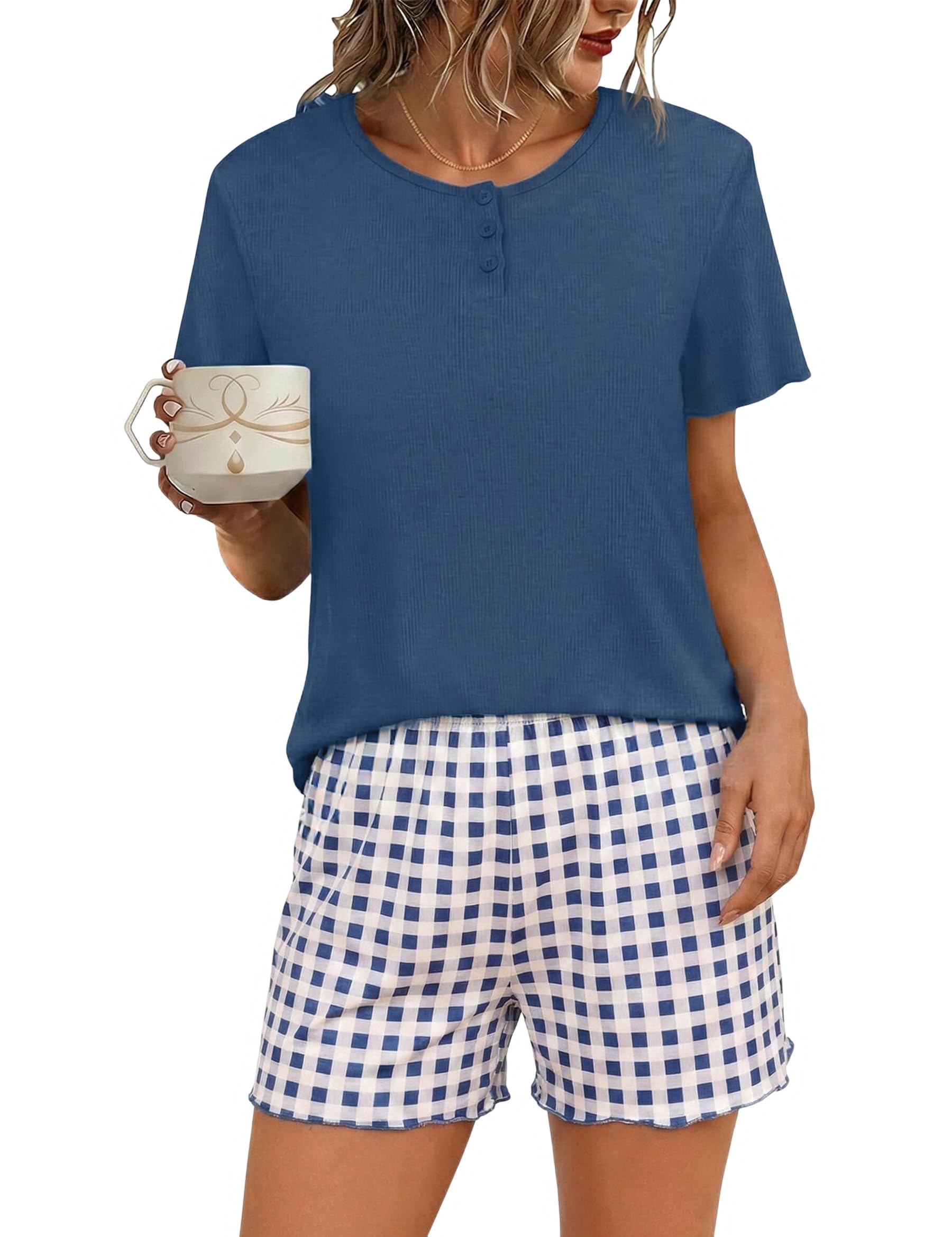 Demegimi Schlafanzug Damen Kurz Pyjama Baumwolle Sommer Shorty Nachtwäsche Kurzarm Schlafanzüge mit Knopfleiste S-XXL