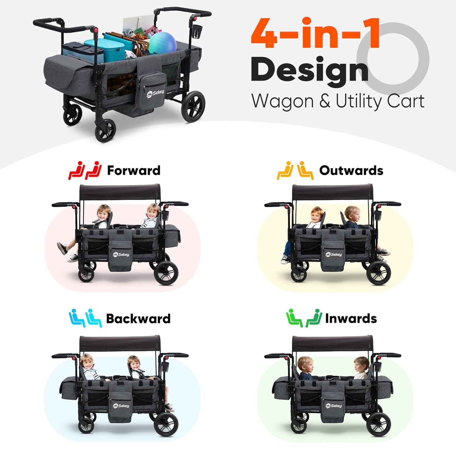 Sekey Wagon Stroller for 2 Kids, Luxury 4-in-1 Stroller Wagon - Premium Quality with Convertible Seats, Adjustable Push Handles, Removable Canopy, Snack Tray & Cooler, US Certified