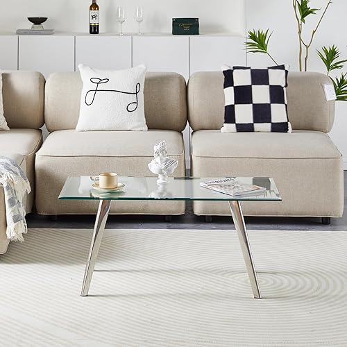 Miniatura 6 de TUKAILAi Mesa de centro moderna de vidrio templado, mesa de té rectangular de vidrio con patas de acero inoxidable, mesa central de estilo