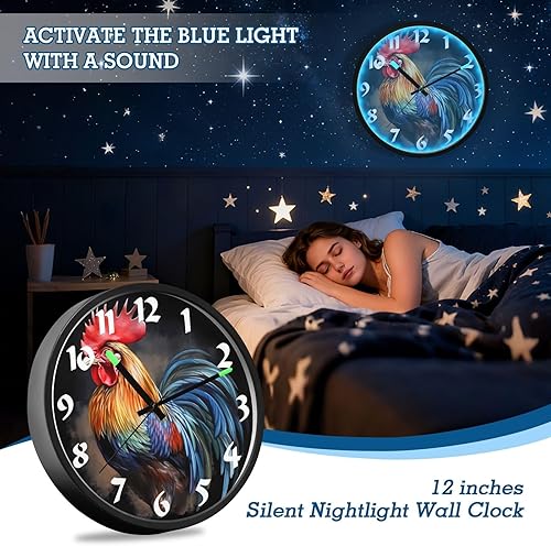 Miniatura 6 de STAYTOP Retro Style Farmhouse Rooster LED Wall Clock for Bedroom Night Glow,12 Inch Silent Light Up Wall Clocks for Living Room Decor, Sound Control