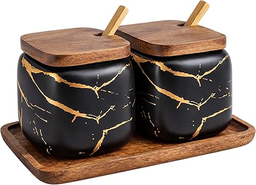 2 juegos de azucareros de cerámica de mármol, tarros de condimentos de cerámica con tapa de madera y cuchara de madera (negro)