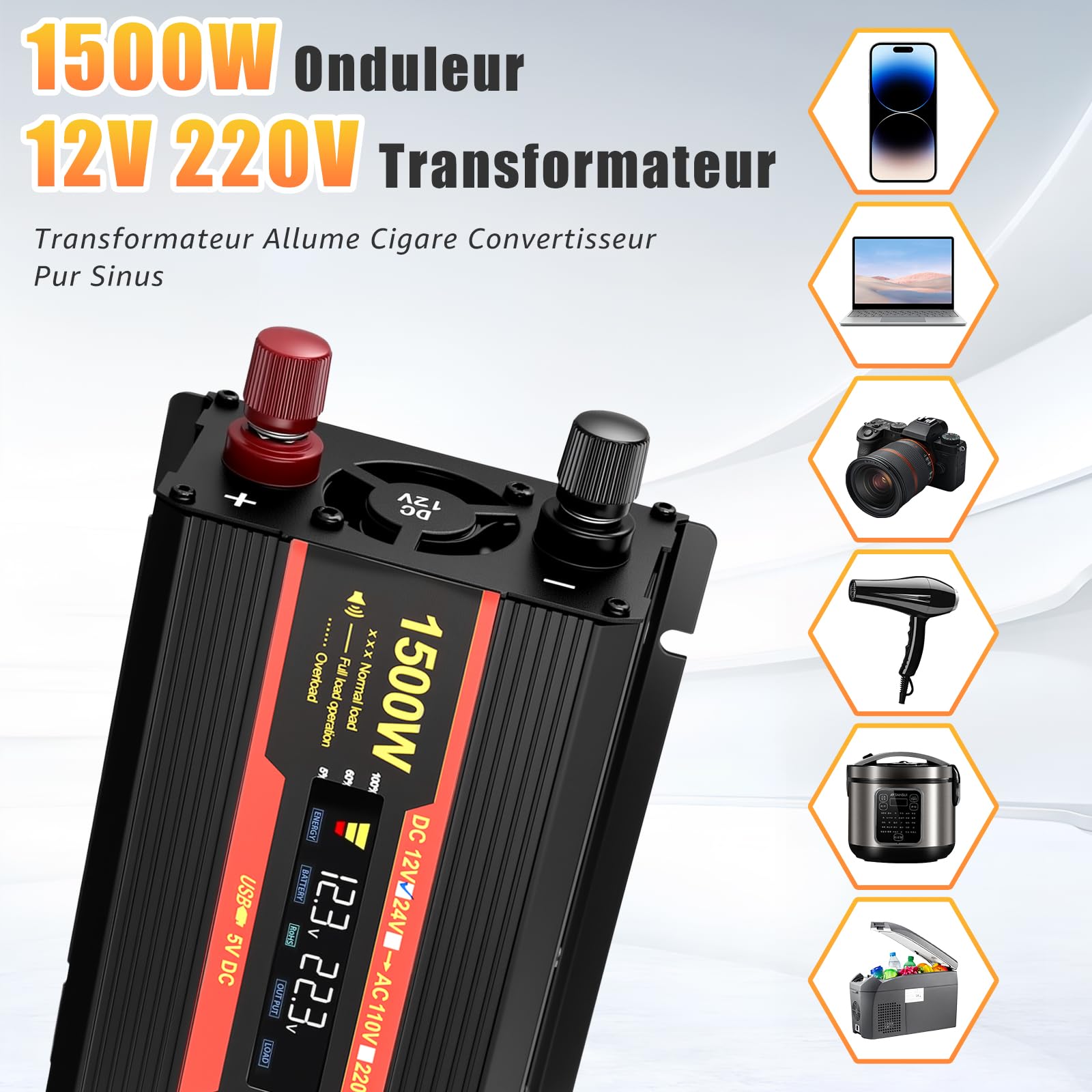 Inverter 1500 W 12 V 220 V Sinus puro Convertitore Auto Camper Camion 2 x USB