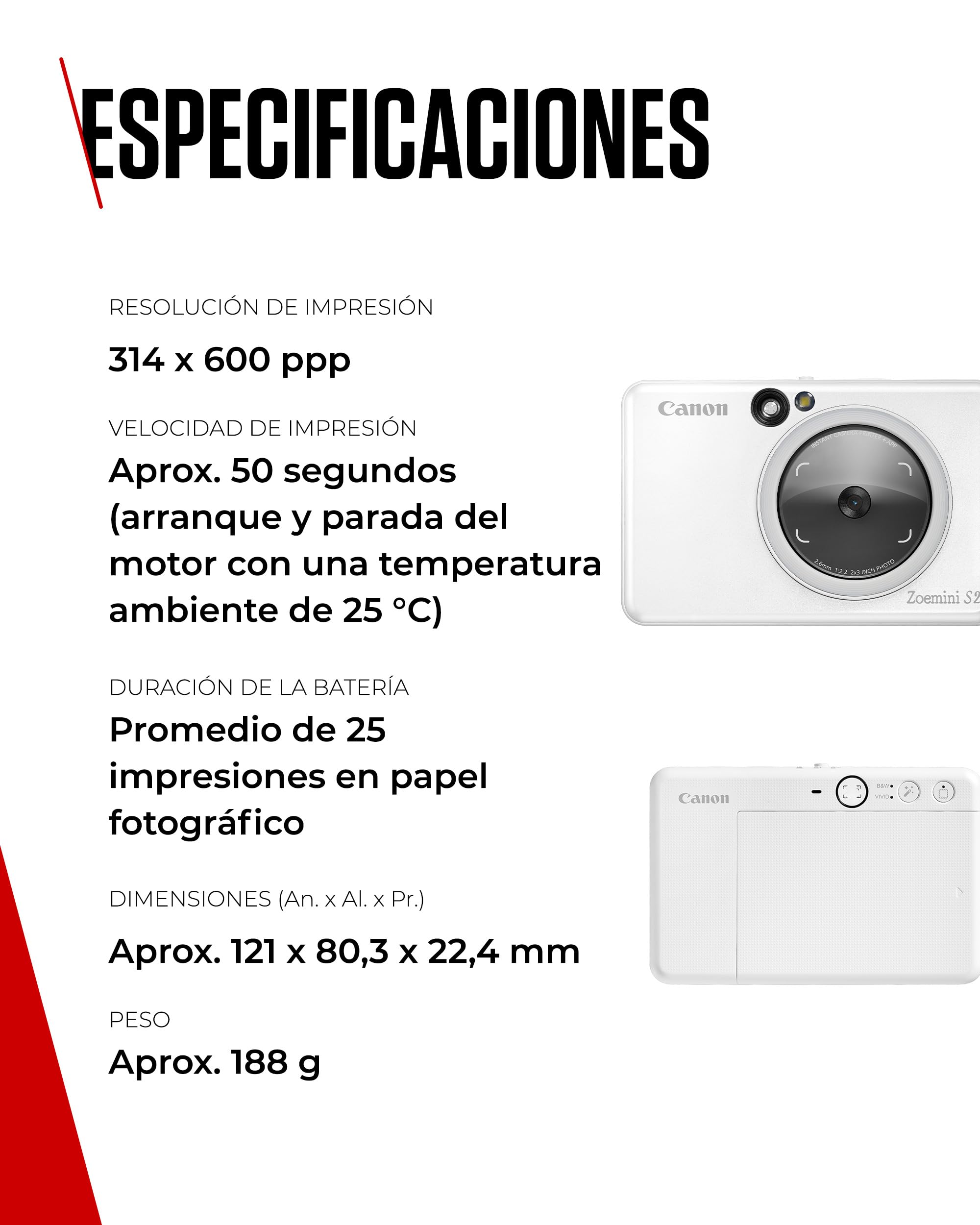 Canon Zoemini S2 Cámara Instantánea con Impresora Fotográfica de 8 MP – con Espejo, Anillo de Luz y Papel Fotográfico Zink Adhesivo (Blanco Perla)