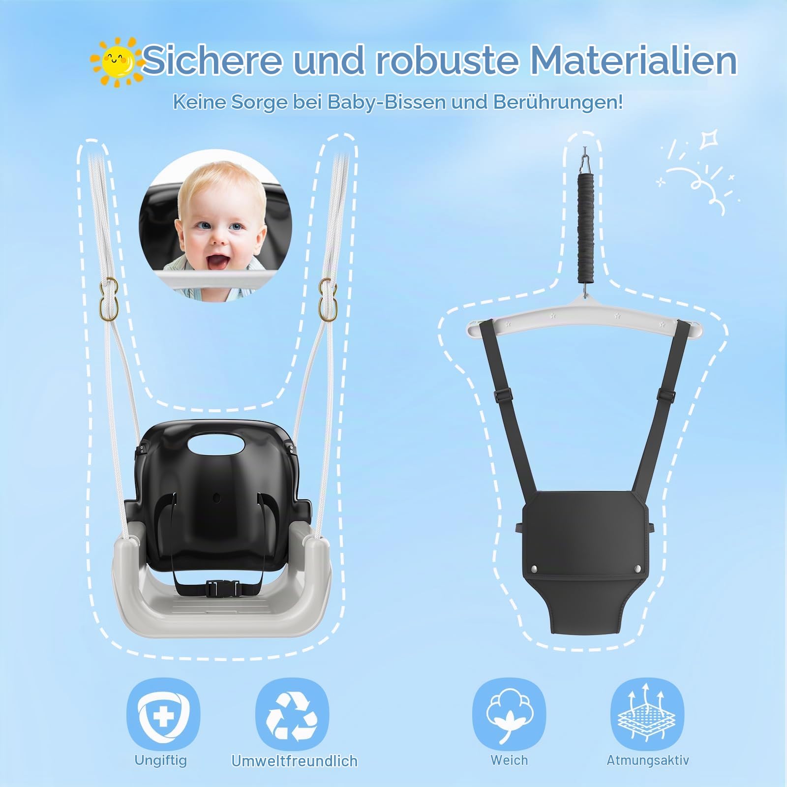 Babyschaukel mit Gestell 2-in-1, Kinderschaukel mit Metallständer Schaukelgestell, Sicherheitsgurt Schaukelsitz für drinnen und draußen Spielen (Schwarz)