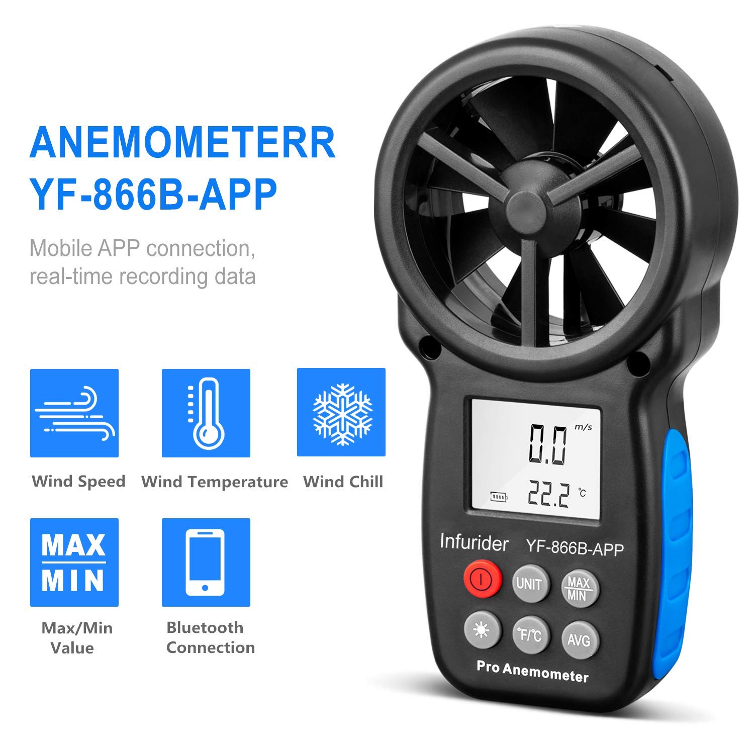 Windmesser Windmessgerät YF-866B-APP Bluetooth Digital Anemometer Air Flow Geschwindigkeit Messen Thermometer mit Hintergrundbeleuchtung