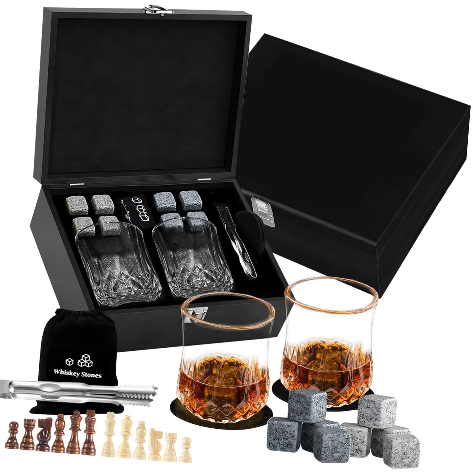 BOYANDM Sophisticated Whiskeys Stone Gifts Bundles Including 2 Crystal Glasses and Chess Game Box for Adults Whiskeys Rock and Chess Themed Glasses