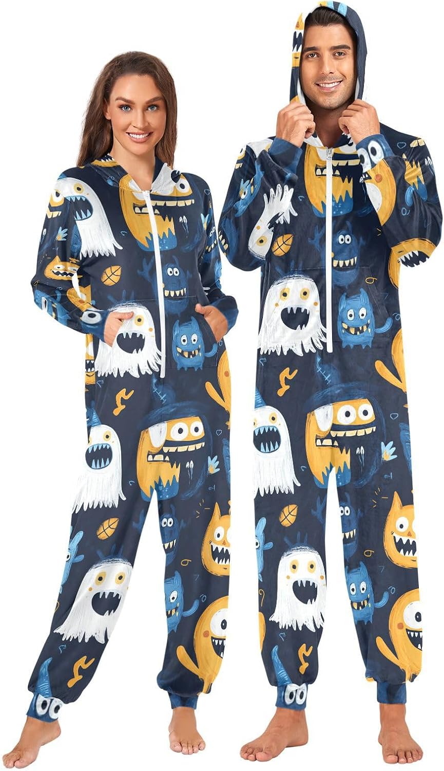 Halloween Doodle Monsters Zipper Hooded Adult Jumpsuit Pajamas with Pockets XS-3XL