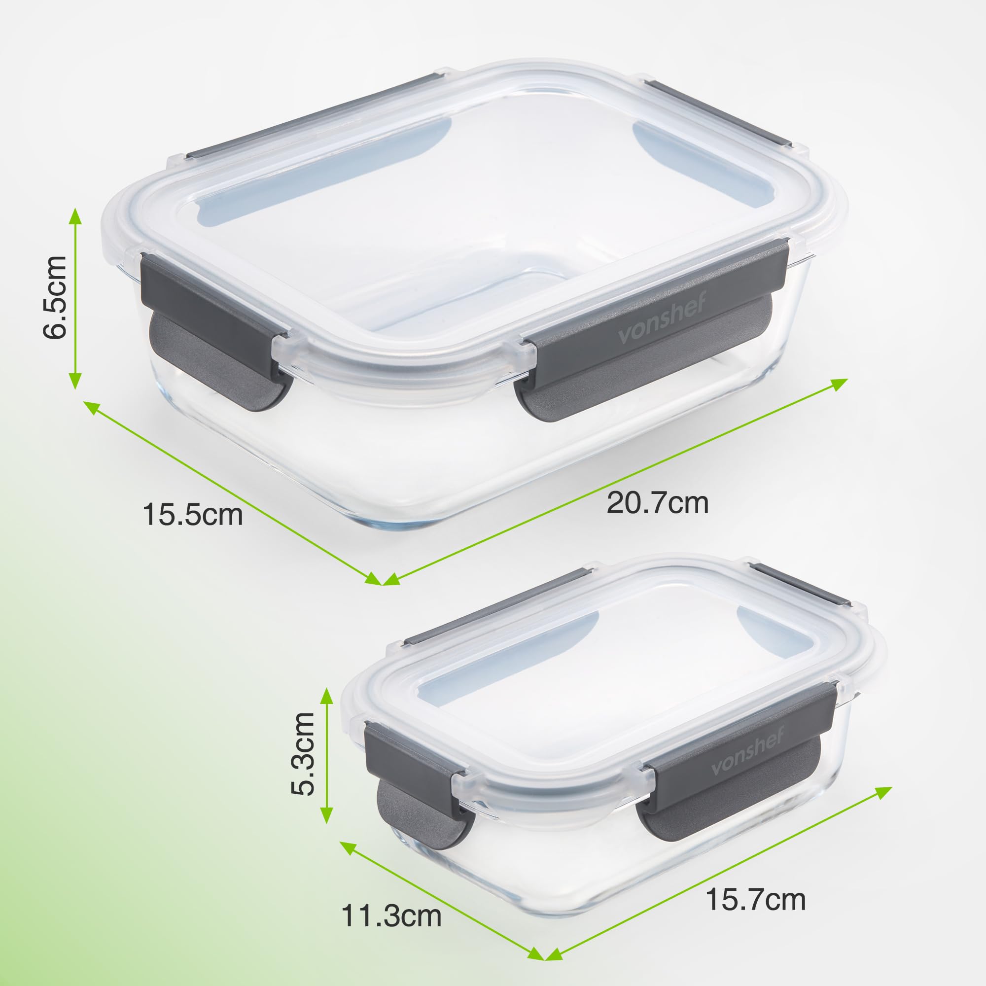 VonShef Contenitori in vetro con coperchi – set da 10 lunch box per meal prep da 1 L e 370 ml, adatti a forno e lavastoviglie, sigillo ermetico anti-perdita, ideale per batch cooking