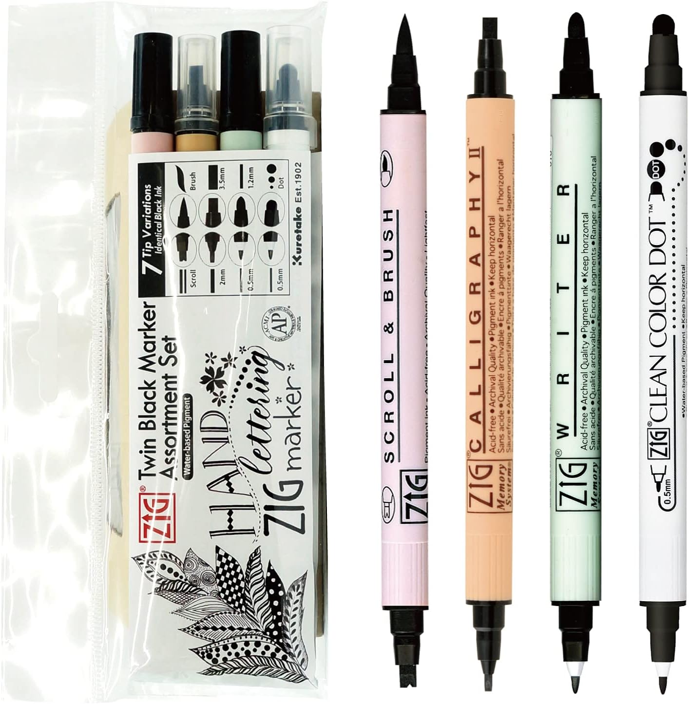 Kuretake ZIG Twin Marker BLACK 4 Assortment set for Hand Lettering, Calligraphy Art, Illustration, Journaling, Cartooning, AP- Certificated, Made in Japan