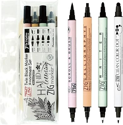 Kuretake ZIG Twin Marker BLACK 4 Assortment set for Hand Lettering, Calligraphy Art, Illustration, Journaling, Cartooning, AP- Certificated, Made in Japan
