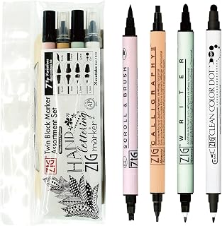 Kuretake ZIG Twin Marker BLACK 4 Assortment set for Hand Lettering, Calligraphy Art, Illustration, Journaling, Cartooning, AP- Certificated, Made in Japan