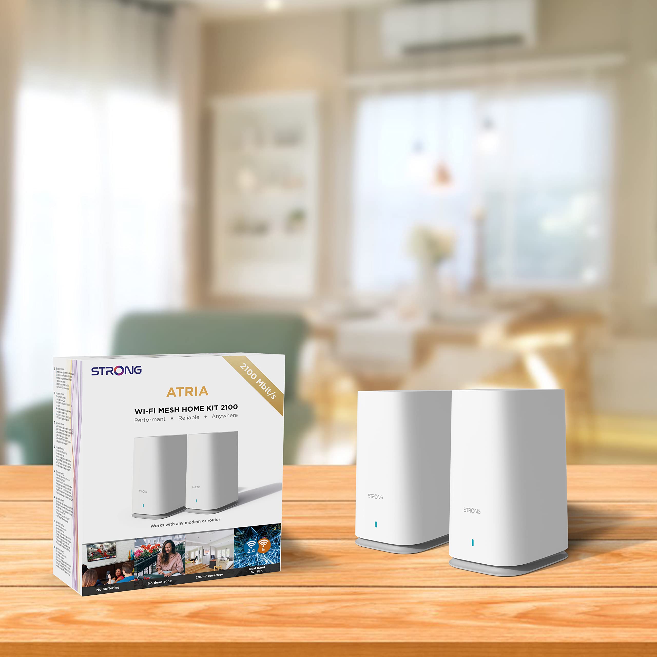 Strong, MESHKIT2100 Atria - Sistema WiFi de 5 Malla para el hogar: Cobertura 200 m2. Más área de Sombra - Booster tu WiFi a 2100 MBps. 2 Puertos Gigabit Ethernet para Box a Internet.