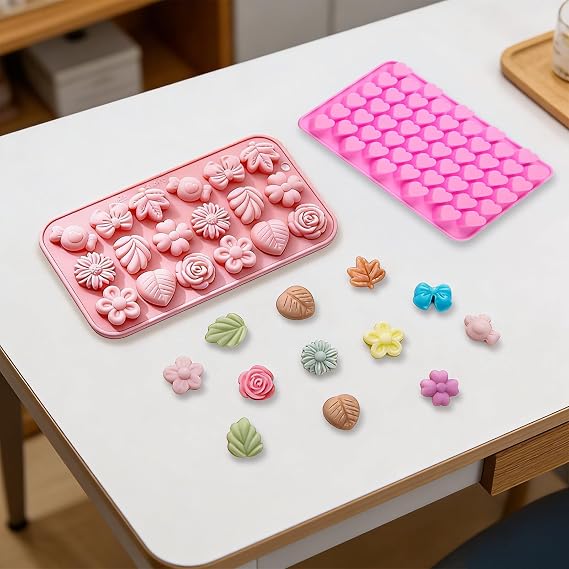 2 Pack Silicone Chocolate Moulds, Mini Heart, Flower, Bow and Leaf Shapes
