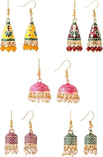 Yellow Chimes Meenakari Jhumka Earrings for Women | Traditional Jhumki Earrings Set for Girls | Combo of 5 Pairs Jhumkas E... Price In India