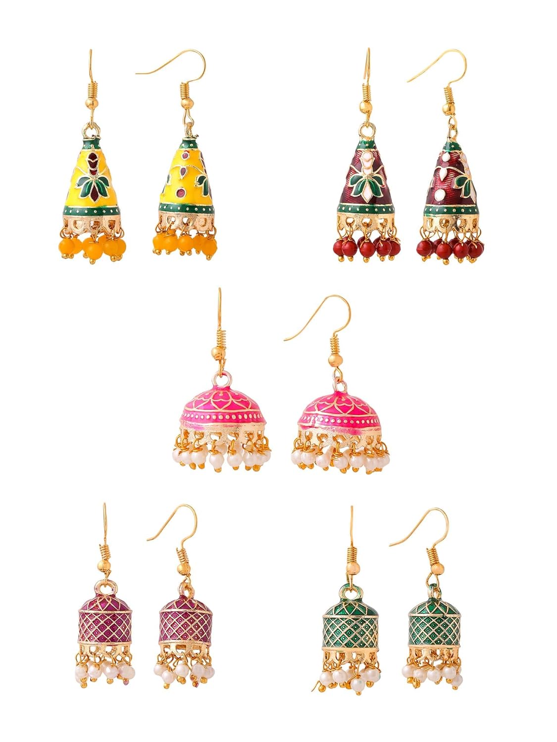 Yellow Chimes Meenakari Jhumka Earrings for Women | Traditional Jhumki Earrings Set for Girls | Combo of 5 Pairs Jhumkas Ethnic Gold Plated Women Earrings | Chic Reverie | Birthday Gift For Girls