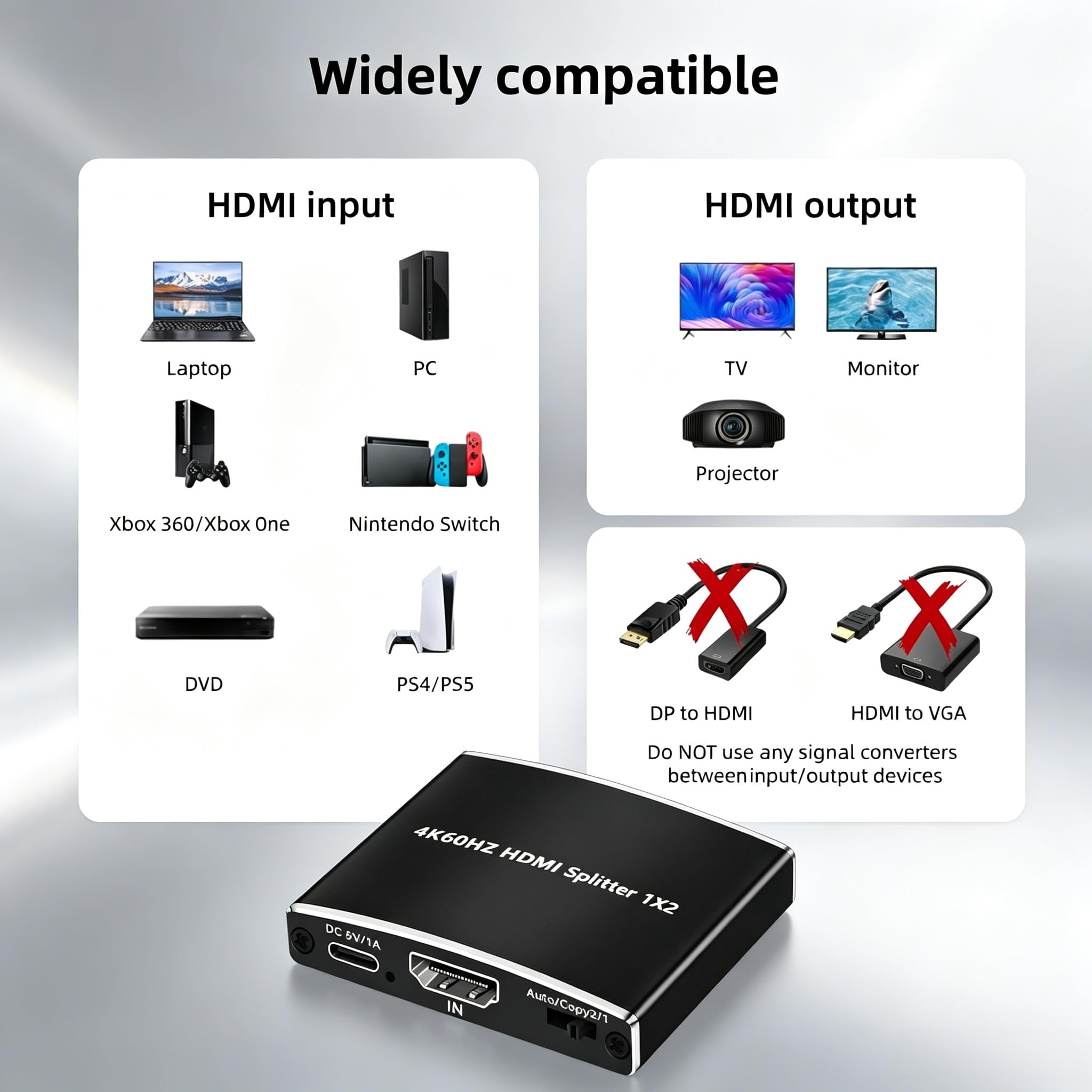 Splitter HDMI 1 in 2 Out, 4K @ 60Hz 1 x 2 HDMI Splitter supporta 3D e 1080P @ 60Hz, duplicate/mirroring da una sorgente a due display, splitter ultra HD ad alta velocità per PC, laptop, B0X, PS5, Roku