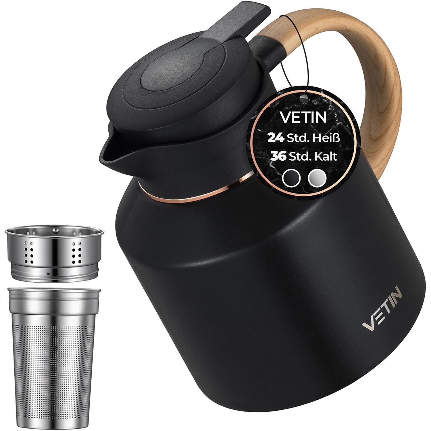 VETIN Caraffa termica con infusore da 1,8 l, in acciaio inox 316, caraffa termica | A prova di perdite, caldo per 24 ore e freddo per 36 ore, per tè, caffè e bevande fredde (manico in plastica)