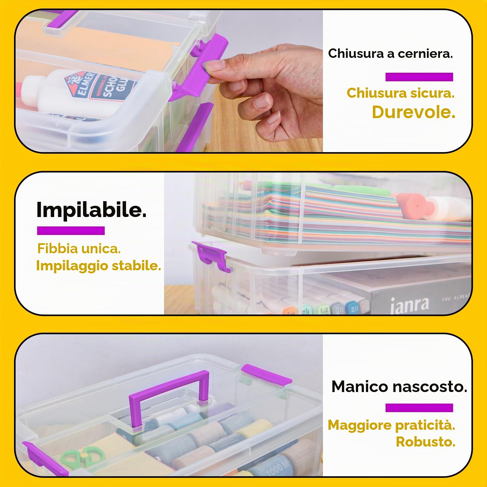Creahaus Contenitori in plastica a 2 strati con coperchi, scatola di archiviazione multiuso per impilamento e trasporto trasparente, organizer portatile per artigianato e contenitori di archiviazione