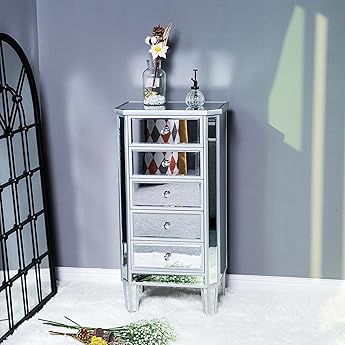 DWVO Silver Mirrored 5 Drawer Dressers for Bedroom - 35" Accent Chest with Drawers, with 5 Storage Drawers and Wood Legs - Fully Assembled Mirrored Nightstand for Bedroom/Living Room