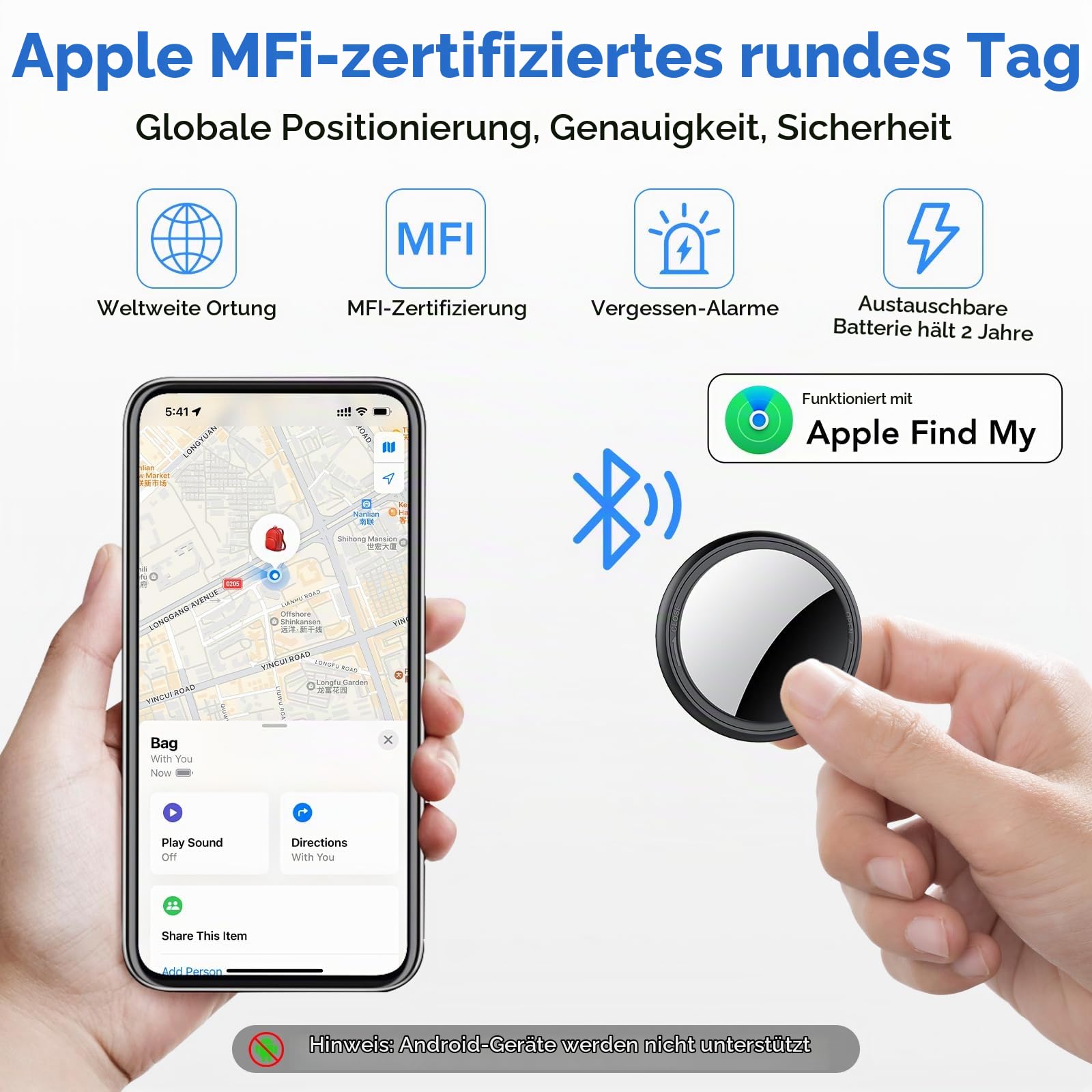 Air Tracker Smart Tag 4 Pack, Schlüsselfinder Kompatibel mit Apple Wo ist? APP (Nur iOS), Bluetooth Key Finder für Gepäck/Taschen/Brieftasche, IP68 Wasserdicht, Austauschbarer Akku