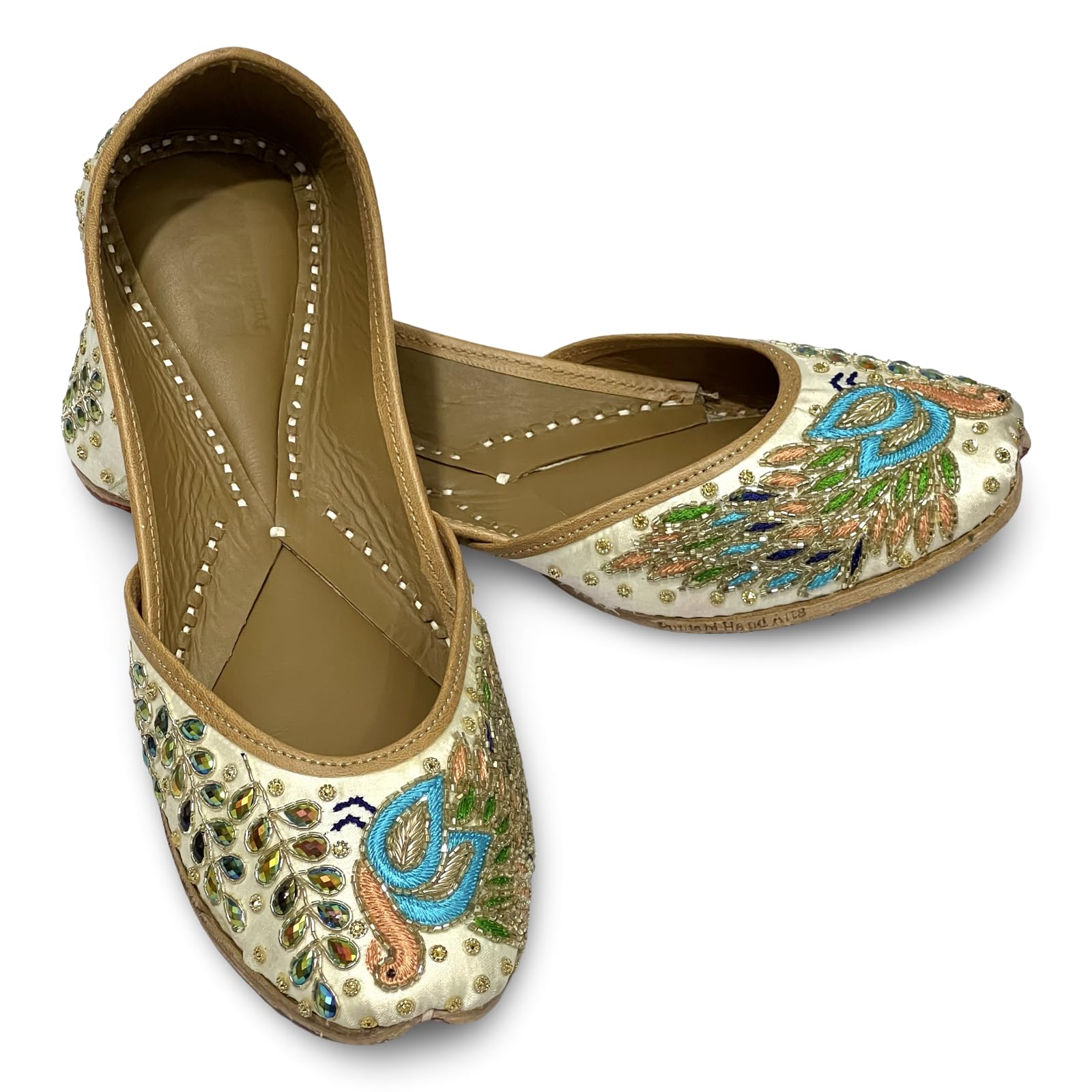 PHA || Traditional Embroidered Peacock Jutti, Women's Handcrafted Punjabi Jutti, Cream and Turquoise-image-2