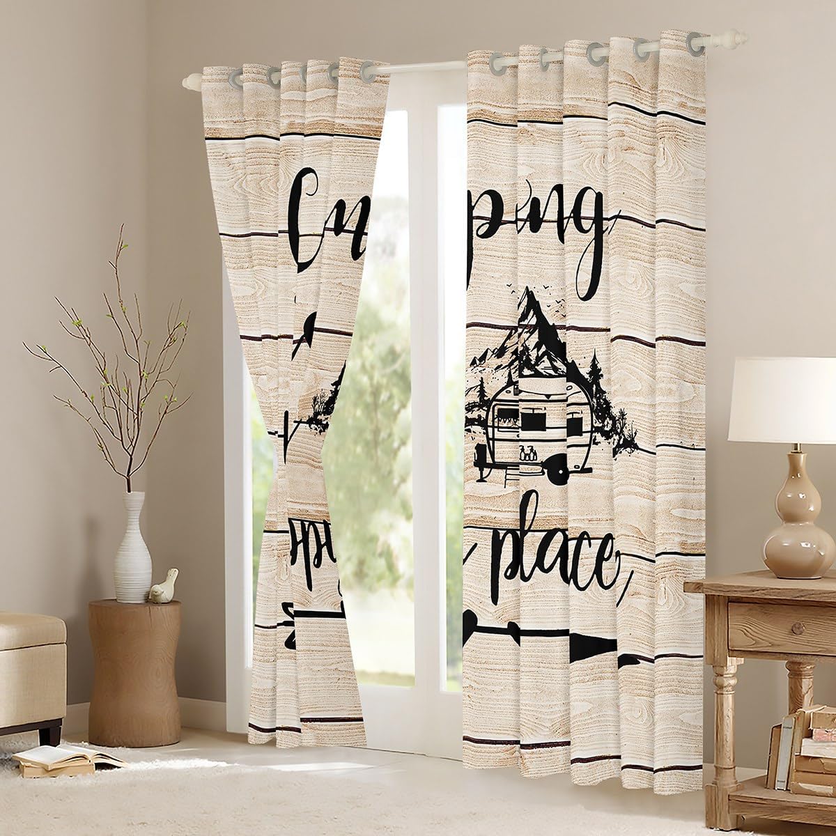RV Camper Curtains & Drapes,Camping Blackout Curtains Camping Decor,RV Travel Car Camping Window Treatments,Farmhouse Wood Board Hand Drawn Vintage Window Curtains Beige 2 Panels 42"Wx63"L