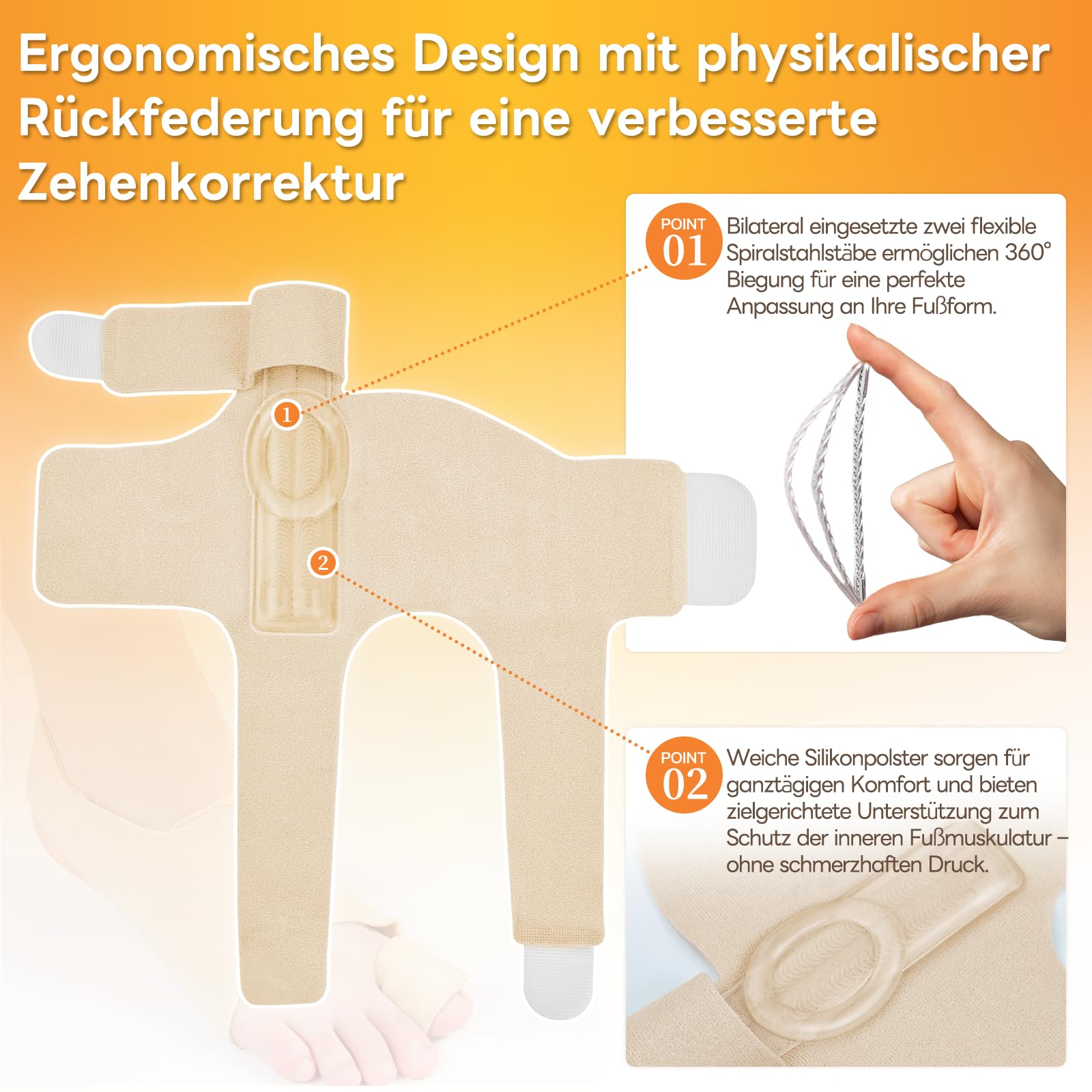 InhwRior Hallux-valgus-Korrektor mit 4 flexiblen rostfreien Stahlstreifen (je 2 pro Seite), ​​Silikonschutzkissen zur Polsterung, ​​schmerzfreie Verbesserung des Fußzustands, ​waschbar