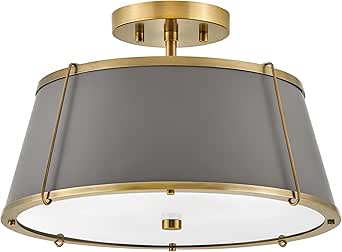 Hinkley Clarke Medium Semi-Flush Mount Ceiling Light, Dark Matte Grey Metal Tapered Drum Shade, Classic, Diffuser, Lacquered Dark Brass Finish