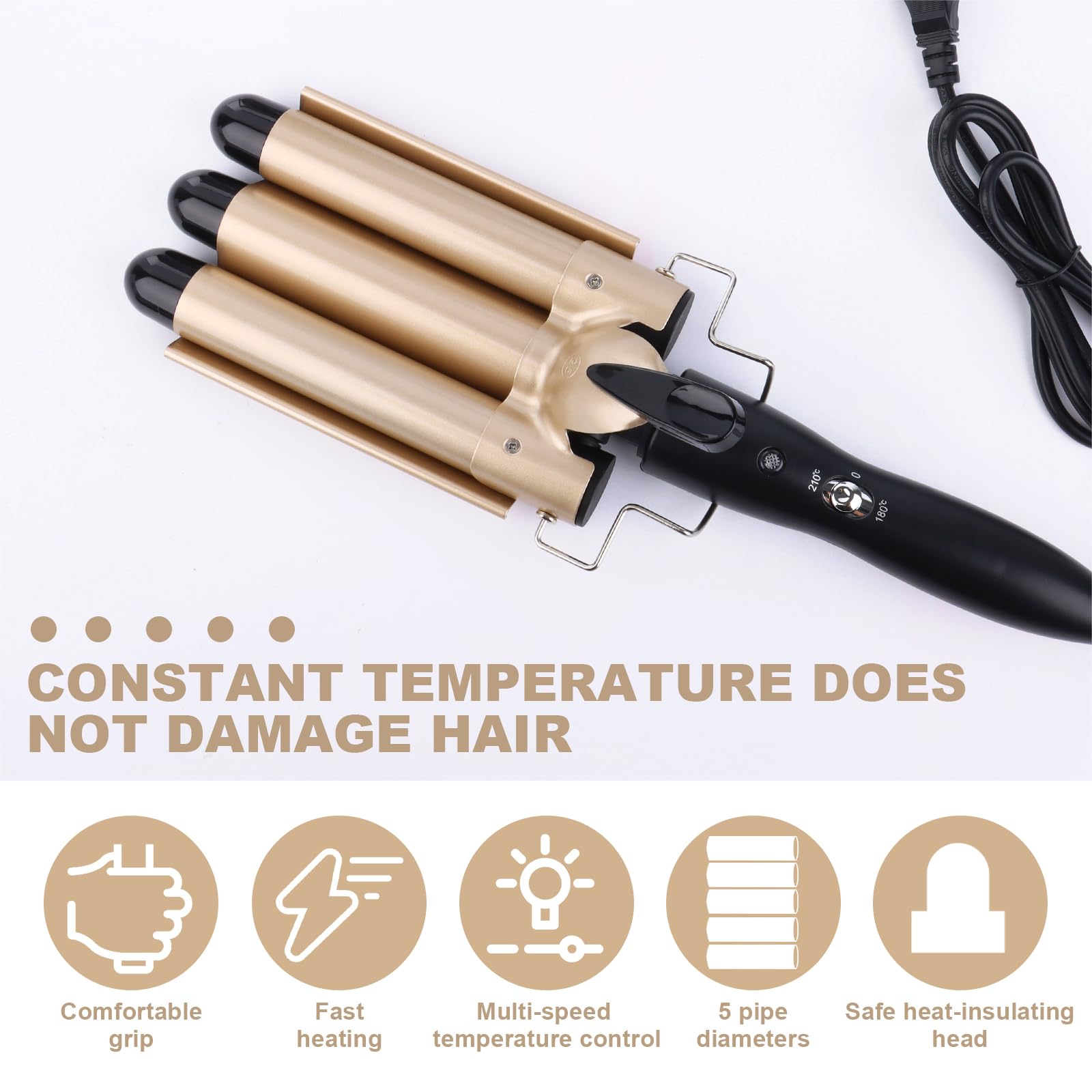 Ferro ondulato per capelli, arricciacapelli con 3 rulli con temperatura regolabile, ferro ondulato arricciacapelli 25mm Mermaid Hair Waver Riscaldamento rapido Grande onda per capelli lunghi/corti
