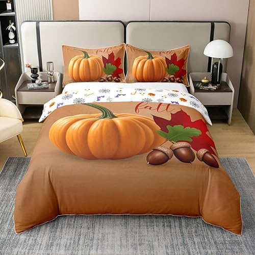 Juego de ropa de cama de cosecha de otoño 100% algodón, tamaño King, funda de edredón de calabaza otoñal, funda de edredón retro de granja con hojas