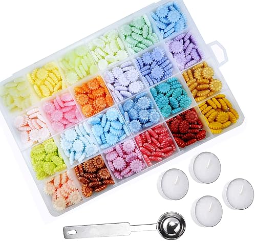 Cuentas de cera de sellado, cuentas de sellado de cera de sellado de girasol, hermoso color pastoral, 624 piezas con 4 velas de té y 1 cuchara de