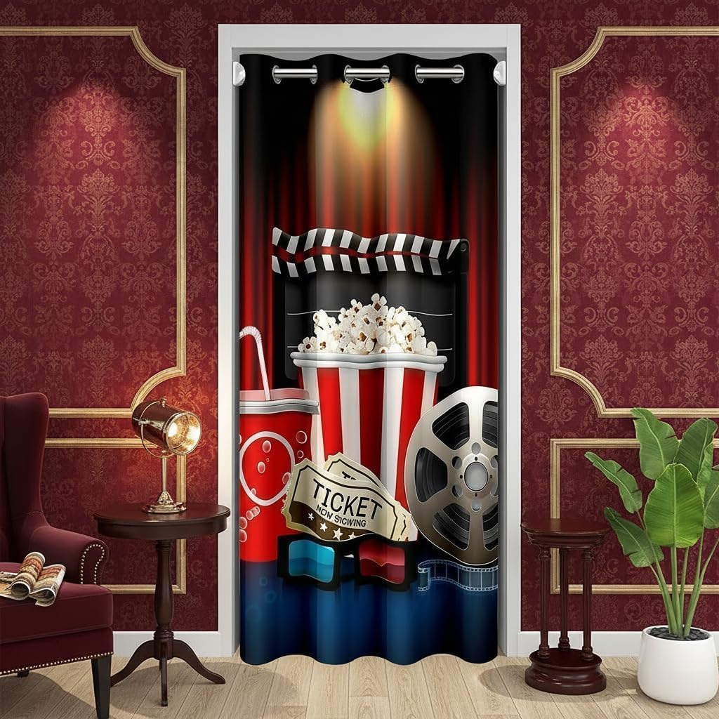 Manfei Tasty Food Cute Popcorn Cola Blackout Curtain Closet Decor,Retro Film Cinema Theater Door Curtain,Movie Theme Door Drape for Boys Girls Women Men (1 Panel,42" W X 80" L)