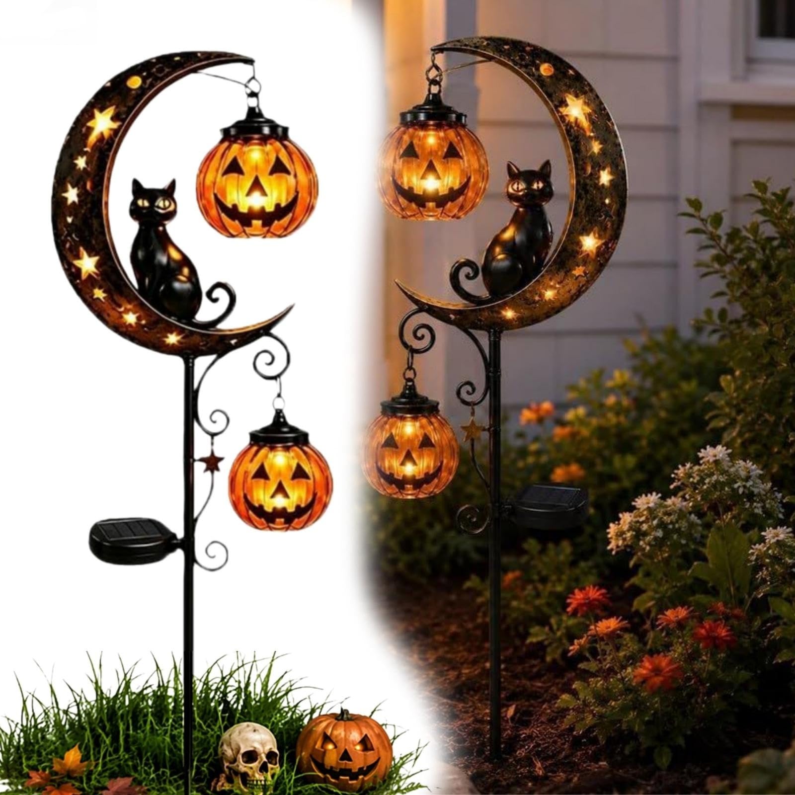 Solar Halloween Black Cat Pumpkin Moon Garden Stake Light, IP45 Waterproof Crackle Glass LED, Yard Decoration with Crescent Moon, Auto On/Off Hanging Jack-o'-Lantern Lantern for Garden, Walkway (#C)