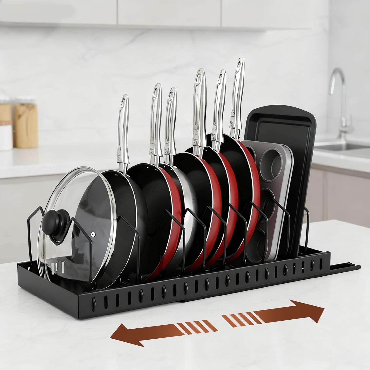 2 Pcs Pots and Pans Organizer Under Cabinet - Expandable Pull Out Cabinet Organizer for Pots and Pans, Pan and Lid Organizers Inside Cabinet, Adjustable Storage Rack (BLACK)