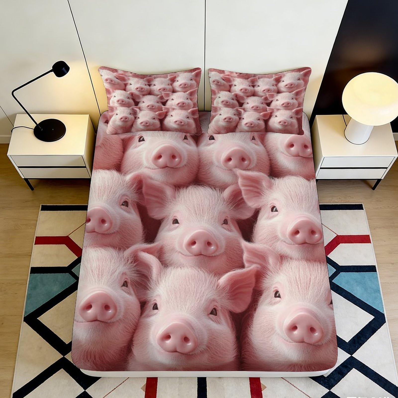 3D Printed Cute Pig Pattern Fitted Sheet Microfiber Soft Breathable Cartoon Piglet Mattress Cover for Bedroom Guest Room Decor 90x200x25cm