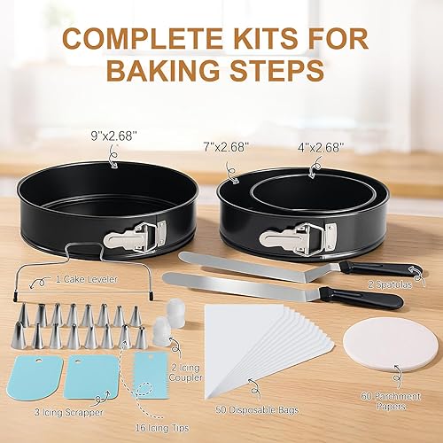 Miniatura 2 de WERTIOO Juego de 138 moldes para tartas de molde para hornear con kit de decoración de pasteles, juego de 3 moldes redondos antiadherentes (4, 7, 9