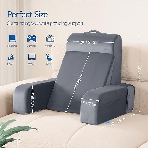 Miniatura 9 de Kayfia Almohada de lectura, almohada de espalda 10 en 1 para cama sentada con reposabrazos desmontable, respaldo con espuma viscoelástica de gel,